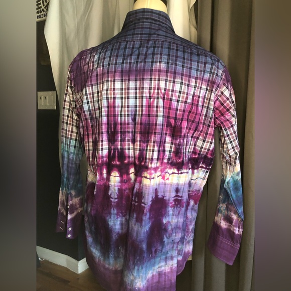 Upcycled One of One tie-dyed Thomas Dean shirt XXL purple box plaid - Picture 13 of 16